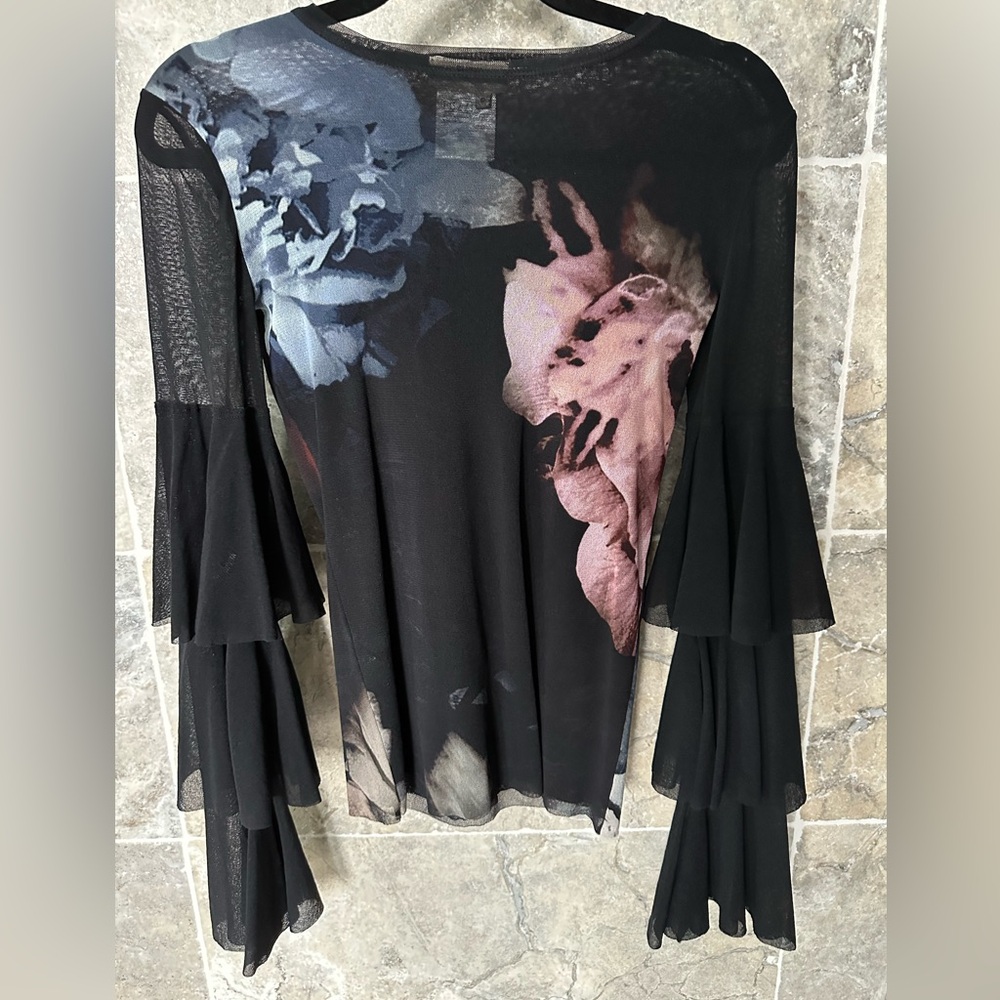 FUZZI Ladies Women’s Size Small Black Blue & Pink Floral Ruffled Sleeves…